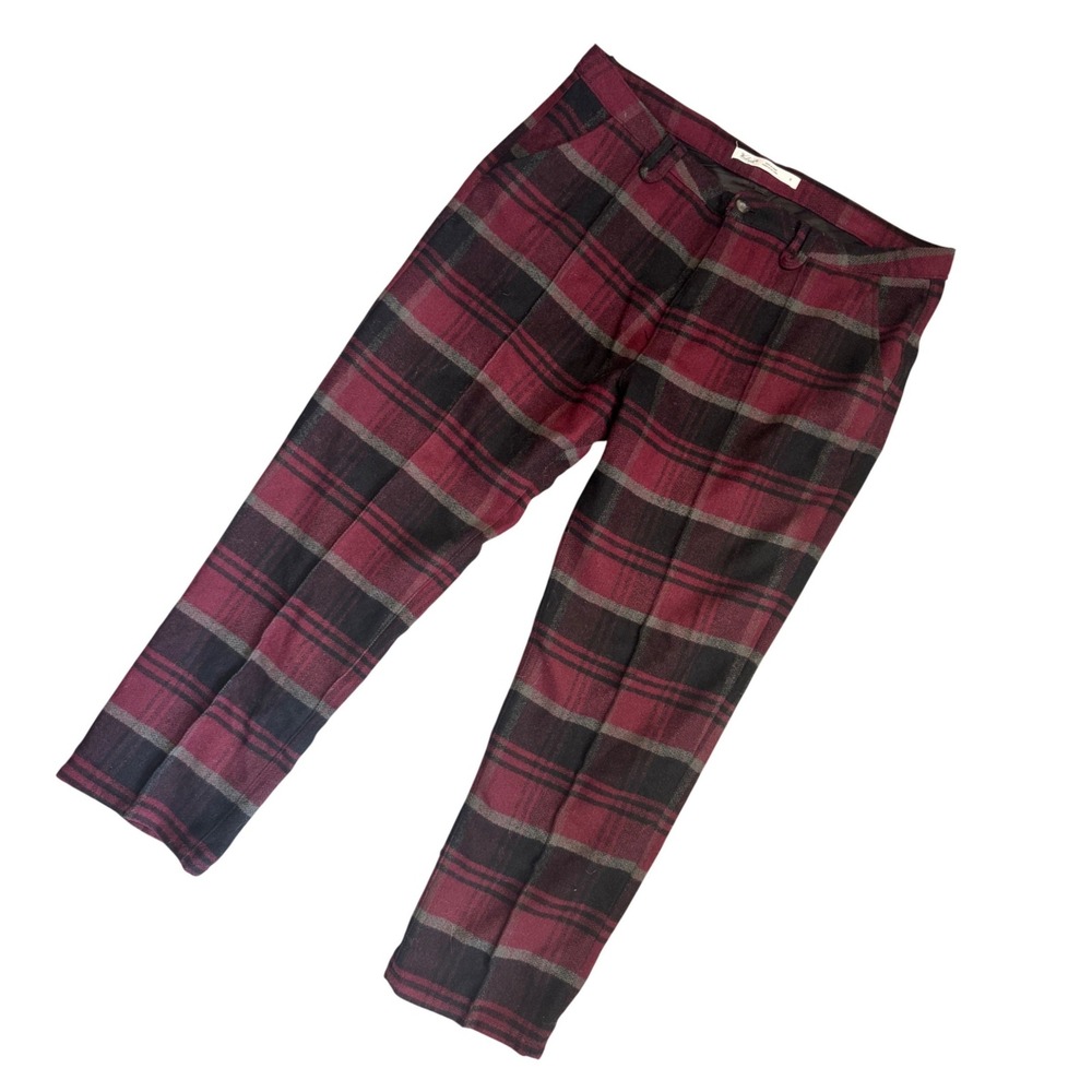 Woolrich Womens Plaid Wool Blend Trousers Fig Burgundy Black Size 10